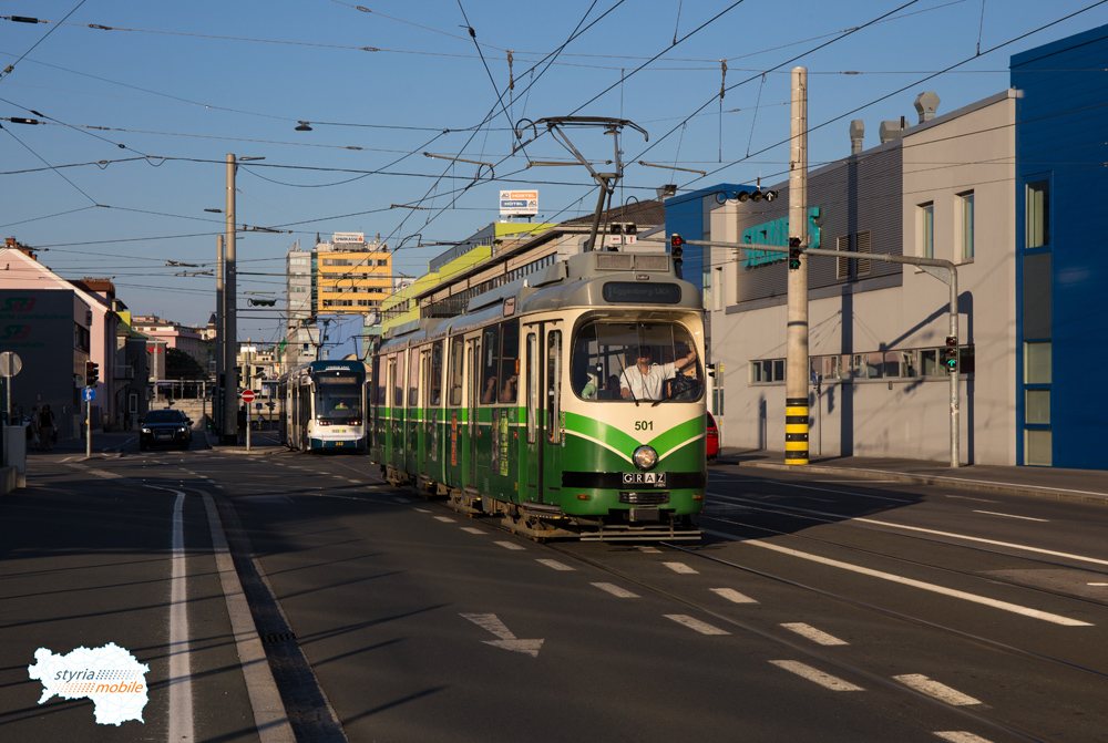 TW 501 als 1er in jenem Teil der Eggenberger-Straße, der von der Linie 1 an diesem Tag zum letzten Mal befahren wurde 10.07.2015©styria-mobile