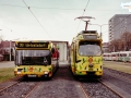 TW 504 und der im gleichen Design beklebte Bus 148 in der Remise III 29.03.1998